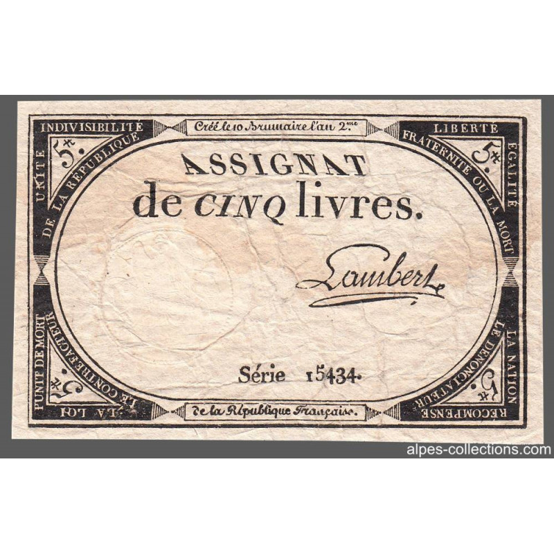 Assignat 46a - 5 livres - 10 brumaire an 2 - Signature 63 - Etat : B