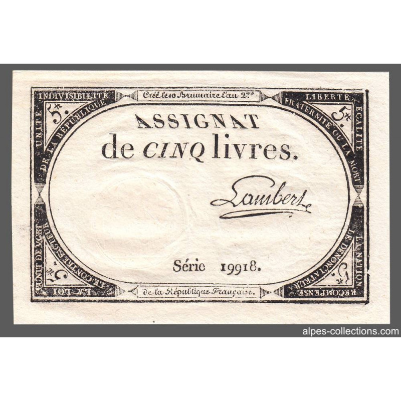 Assignat 46a - 5 livres - 10 brumaire an 2 - Signature 63 - Etat : SUP