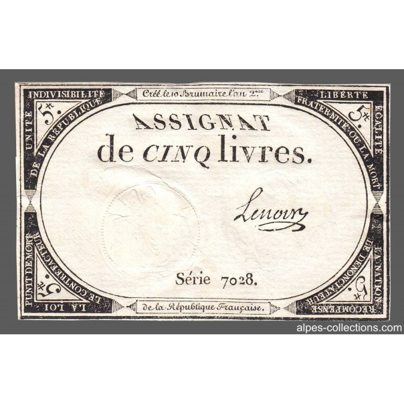 Assignat 46a - 5 livres - 10 brumaire an 2 - Signature 67 - Etat : TTB+