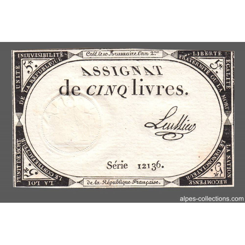 Assignat 46a - 5 livres - 10 brumaire an 2 - Signature 68 - Etat : TTB+