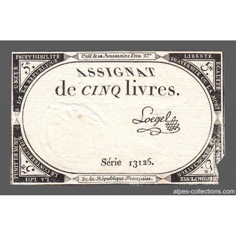Assignat 46a - 5 livres - 10 brumaire an 2 - Signature 69 - Etat : B+