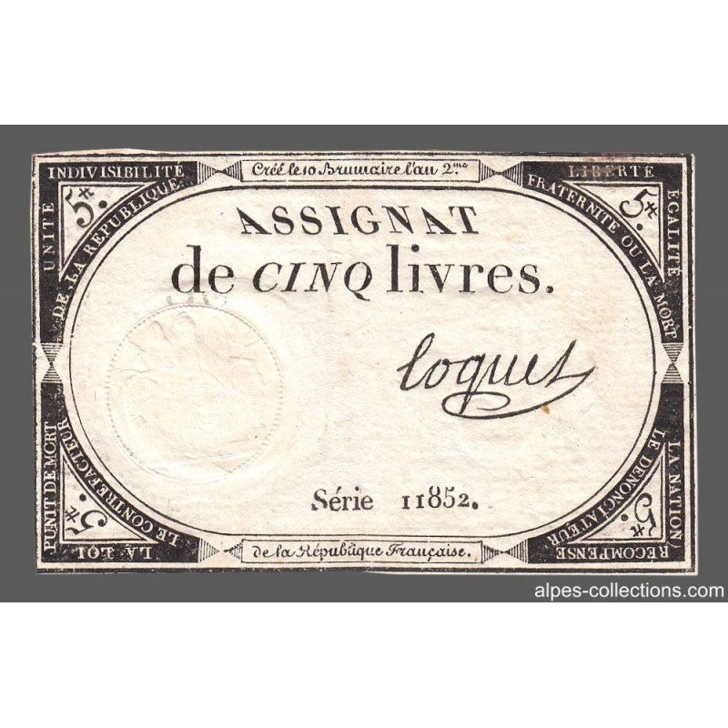 Assignat 46a - 5 livres - 10 brumaire an 2 - Signature 72 - Etat : TTB+