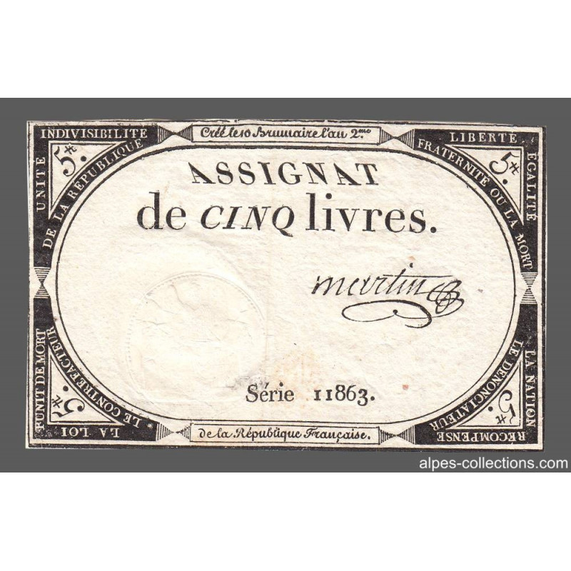 Assignat 46a - 5 livres - 10 brumaire an 2 - Signature 73 - Etat : TTB