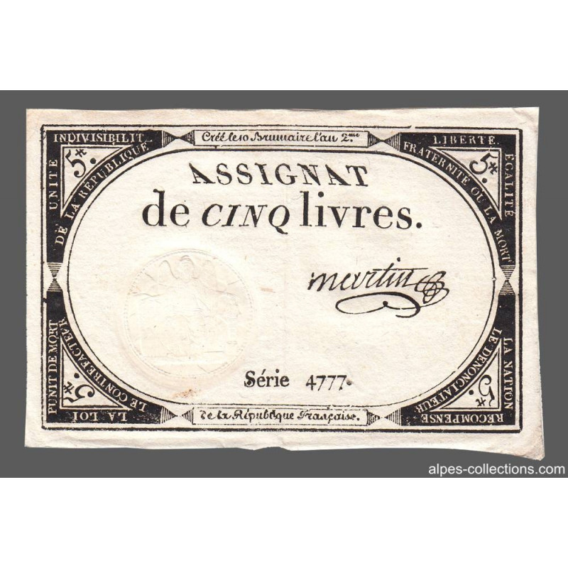 Assignat 46a - 5 livres - 10 brumaire an 2 - Signature 73 - Etat : SUP