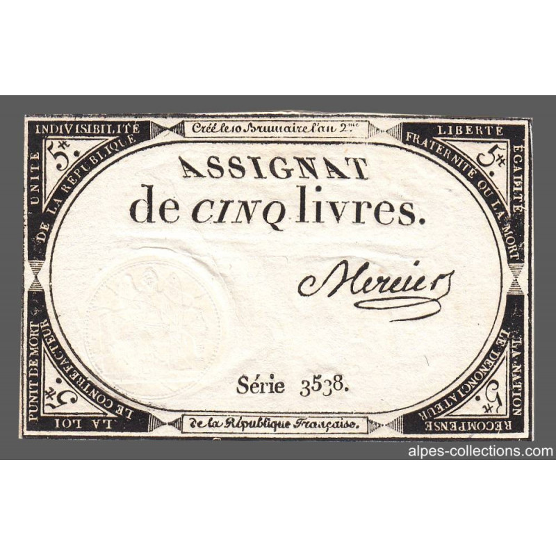 Assignat 46a - 5 livres - 10 brumaire an 2 - Signature 77 - Etat : SUP