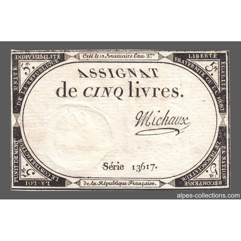 Assignat 46a - 5 livres - 10 brumaire an 2 - Signature 78 - Etat : TTB