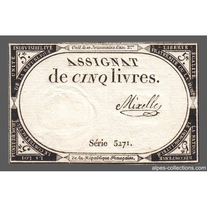 Assignat 46a - 5 livres - 10 brumaire an 2 - Signature 79 - Etat : SUP