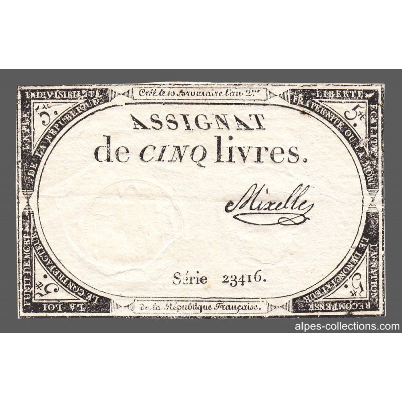 Assignat 46a - 5 livres - 10 brumaire an 2 - Signature 79 - Etat : TB+