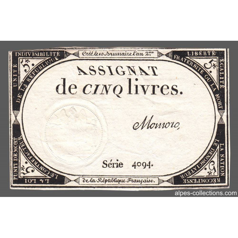 Assignat 46a - 5 livres - 10 brumaire an 2 - Signature 80 - Etat : TTB+