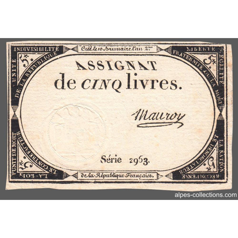 Assignat 46a - 5 livres - 10 brumaire an 2 - Signature 75 - Etat : TTB