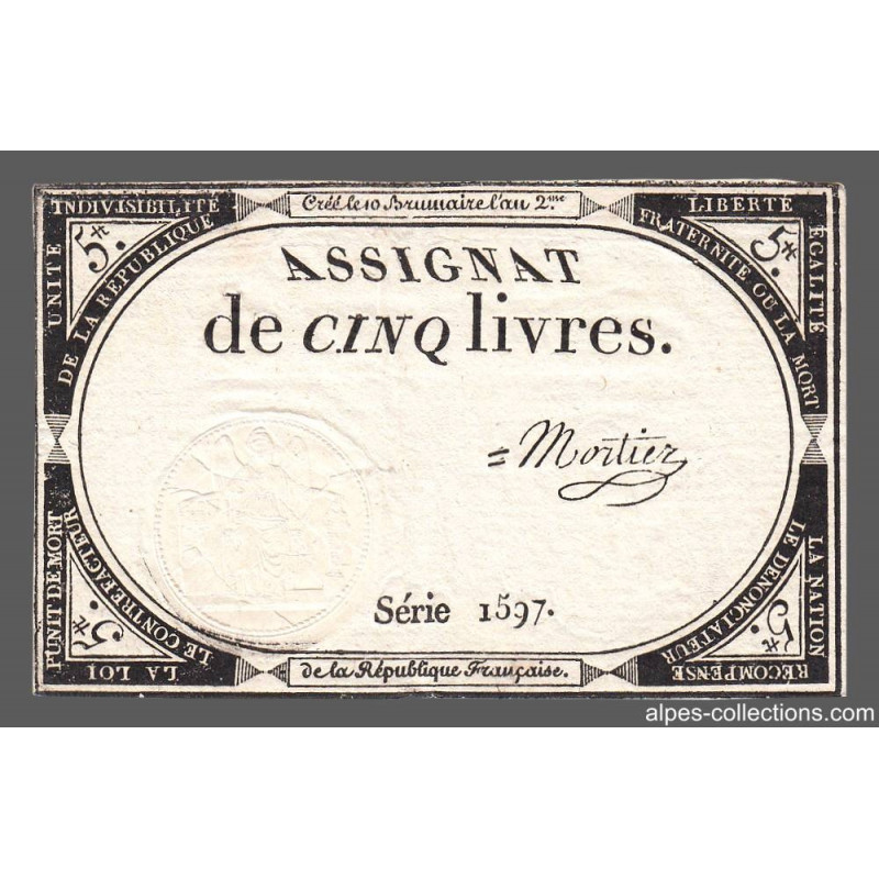 Assignat 46a - 5 livres - 10 brumaire an 2 - Signature 81 - Etat : TTB+