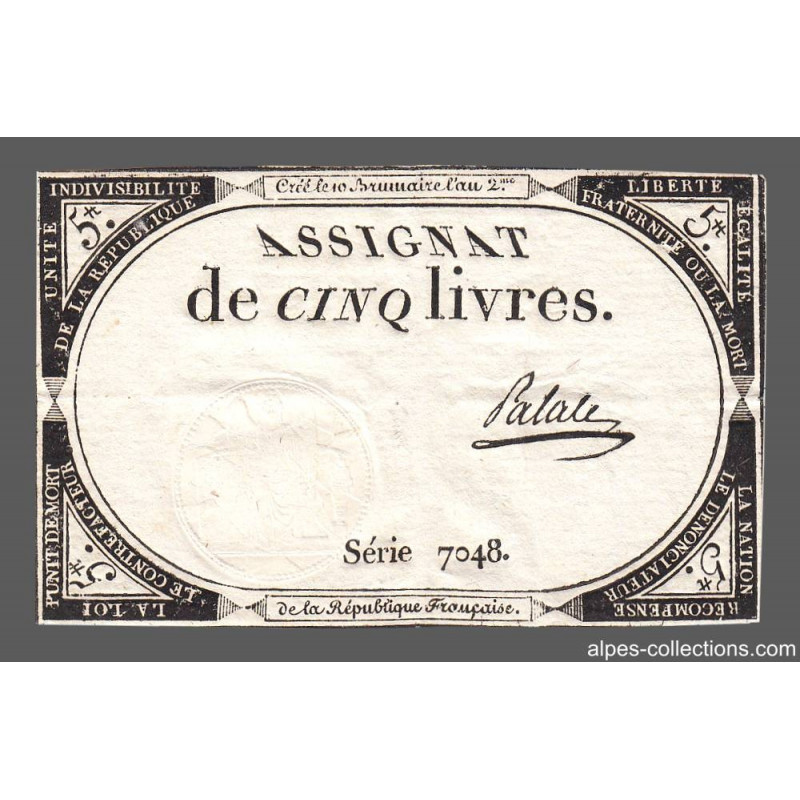 Assignat 46a - 5 livres - 10 brumaire an 2 - Signature 82 - Etat : TTB+