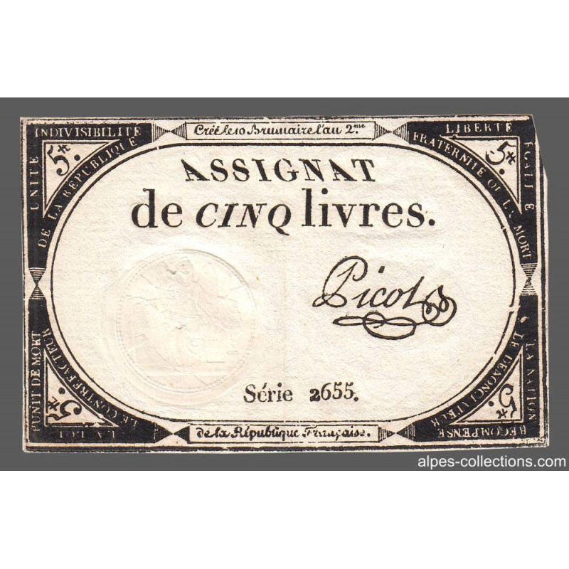 Assignat 46a - 5 livres - 10 brumaire an 2 - Signature 84 - Etat : TB+