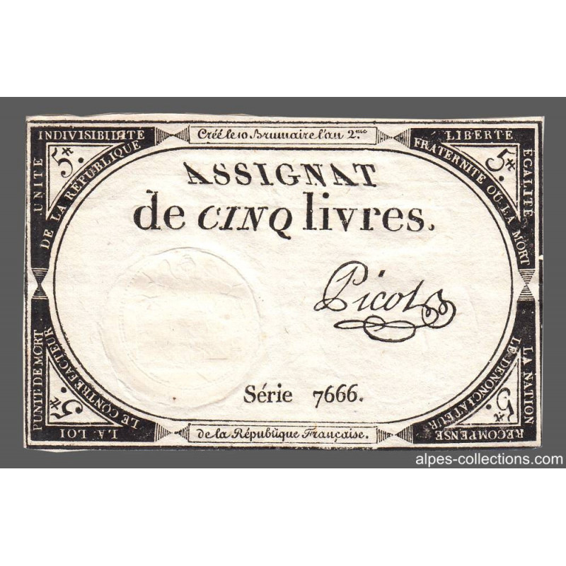 Assignat 46a - 5 livres - 10 brumaire an 2 - Signature 84 - Etat : SUP