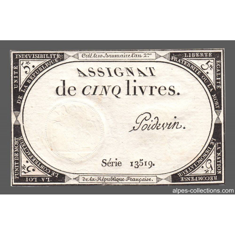 Assignat 46a - 5 livres - 10 brumaire an 2 - Signature 85 - Etat : TTB+