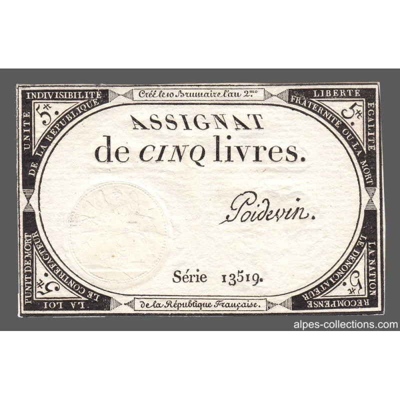 Assignat 46a - 5 livres - 10 brumaire an 2 - Signature 85 - Etat : SUP