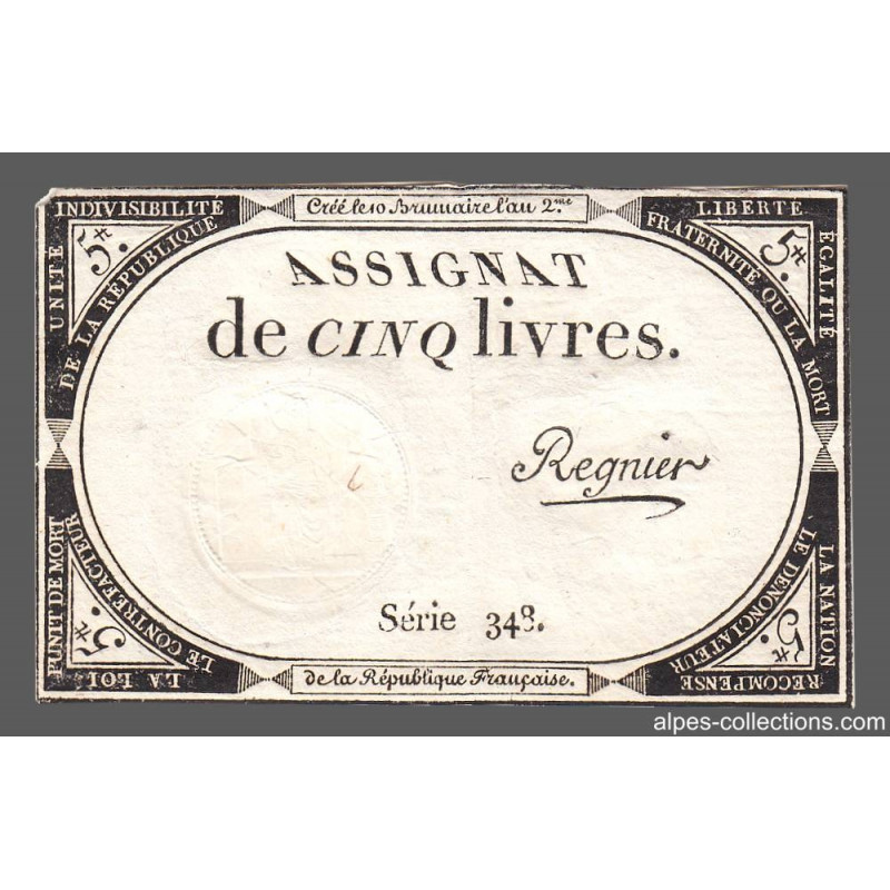 Assignat 46a - 5 livres - 10 brumaire an 2 - Signature 89 - Etat : TTB