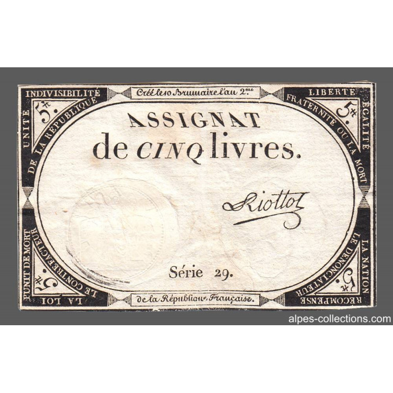 Assignat 46a - 5 livres - 10 brumaire an 2 - Signature 90 - Etat : TB+