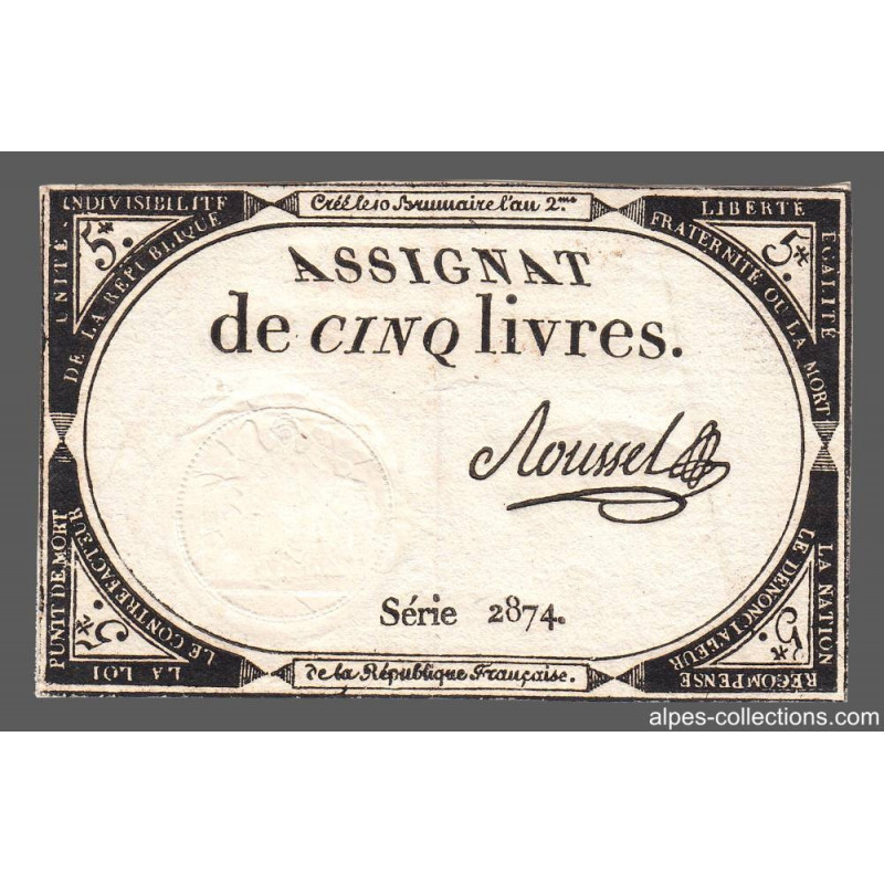 Assignat 46a - 5 livres - 10 brumaire an 2 - Signature 92 - Etat : TTB+