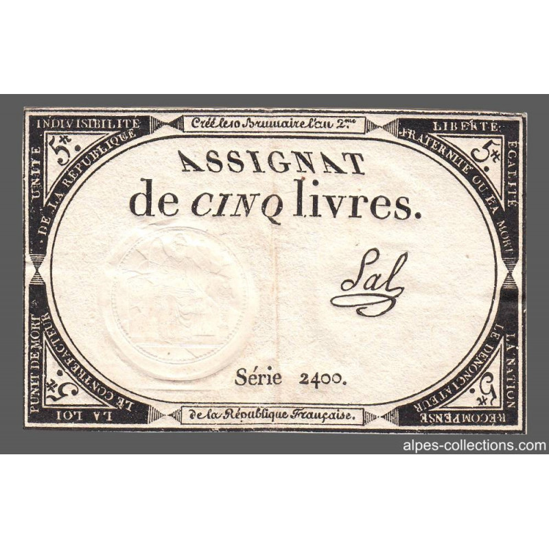 Assignat 46a - 5 livres - 10 brumaire an 2 - Signature 93 - Etat : TTB+