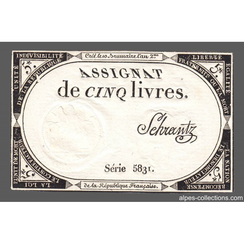 Assignat 46a - 5 livres - 10 brumaire an 2 - Signature 95 - Etat : SUP+