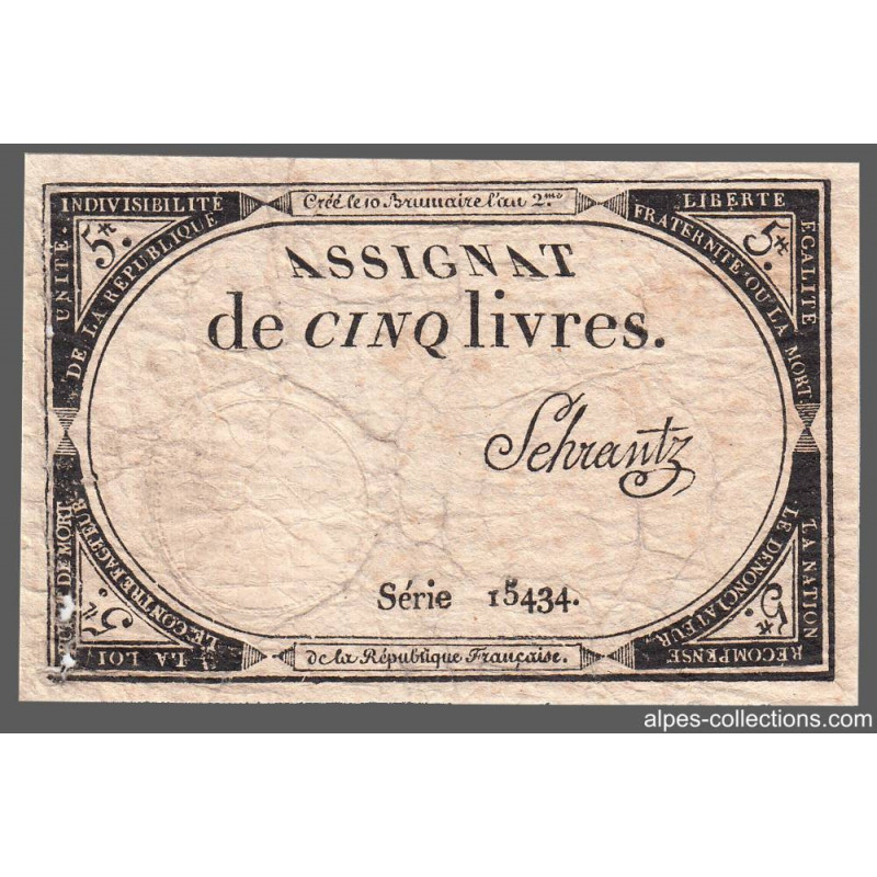 Assignat 46a - 5 livres - 10 brumaire an 2 - Signature 95 - Etat : B