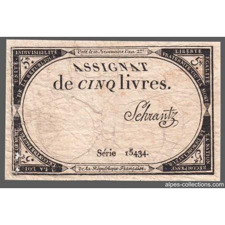 Assignat 46a - 5 livres - Signature 95 - 10 brumaire an 2 - Etat : B