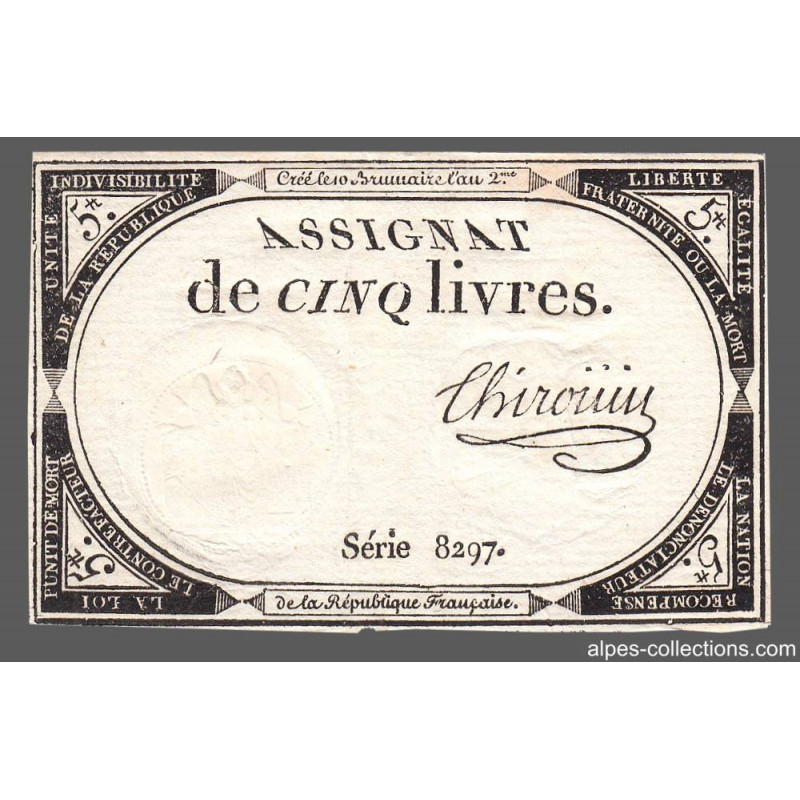 Assignat 46a - 5 livres - 10 brumaire an 2 - Signature 98 - Etat : SUP
