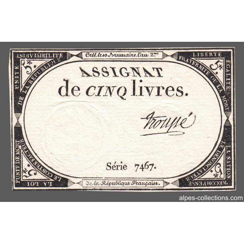 Assignat 46a - 5 livres - 10 brumaire an 2 - Signature 99 - Etat : SUP