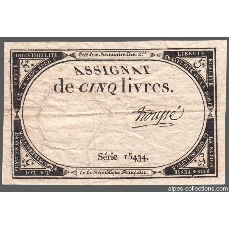Assignat 46a - 5 livres - 10 brumaire an 2 - Signature 99 - Etat : B