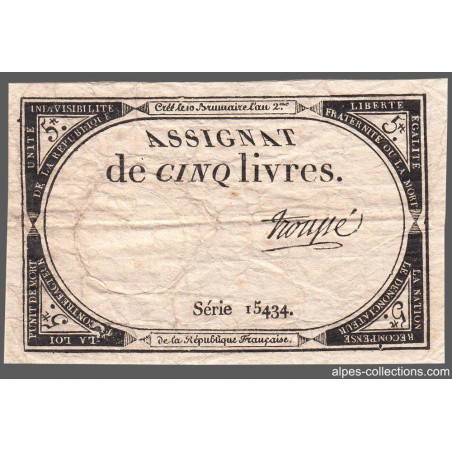 Assignat 46a - 5 livres - Signature 99 - 10 brumaire an 2 - Etat : B