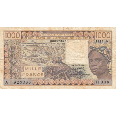 Côte d'Ivoire - Pick 107Ab_1 - 1'000 francs - Série H.003 - 1981 - Erreur numéro - Etat : B+