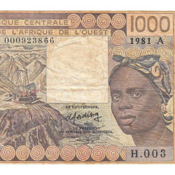 Côte d'Ivoire - Pick 107Ab_1 - 1'000 francs - Série H.003 - 1981 - Erreur numéro - Etat : B+