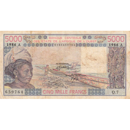 Côte d'Ivoire - Pick 108Ao - 5'000 francs - Série Q.7 - 1986 - Etat : B+