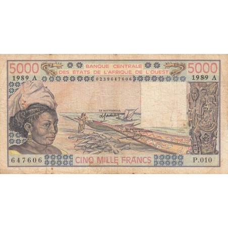 Côte d'Ivoire - Pick 108Ag - 5'000 francs - Série P.010 - 1989 - Etat : B+