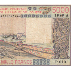Côte d'Ivoire - Pick 108Ag - 5'000 francs - Série P.010 - 1989 - Etat : B+