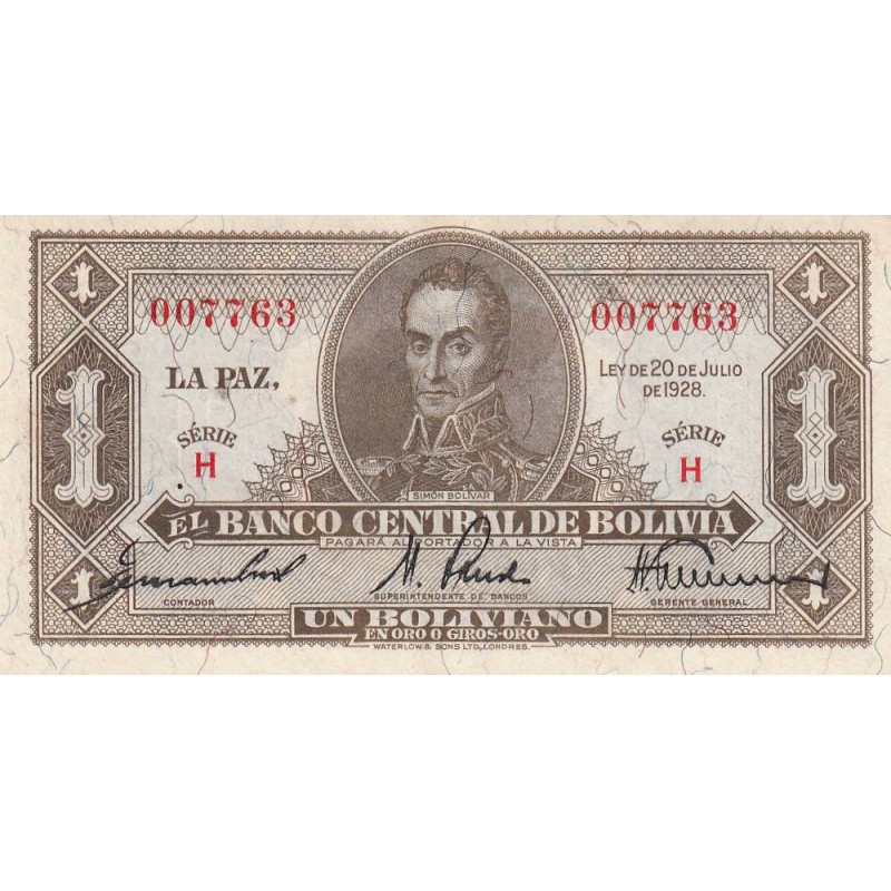 Bolivie - Pick 128a_1 - 1 boliviano - Série H - Loi 1928 (1942) - Etat : SUP