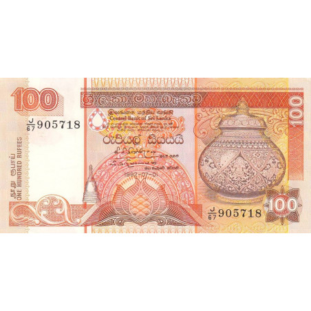 Sri-Lanka - Pick 105A - 100 rupees - Série J/67 - 01/07/1992 - Etat : SUP à SPL