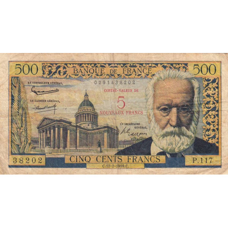 F 52-02 - 12/02/1959 - 5 nouv. francs sur 500 francs - Victor Hugo - Série P.117 - Etat : TB