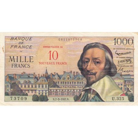 F 53-01 - 07-03/1957 - 10 nouv. francs sur 1000 francs - Richelieu - Série U.325 - Etat : TTB-