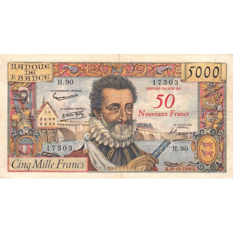 F 54-01 - 30/10/1958 - 50 nouv. francs sur 5000 francs - Henri IV - Série H.90 - Etat : TB+