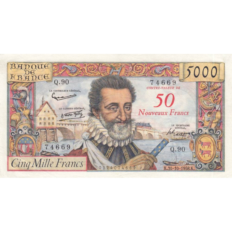F 54-01 - 30/10/1958 - 50 nouv. francs sur 5000 francs - Henri IV - Série Q.90 - Etat : TTB