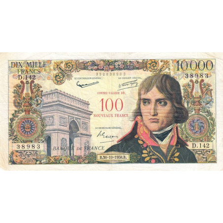 F 55-01 - 30/10/1958 - 100 nouv. francs sur 10000 francs - Bonaparte - Série D.142 - Etat : TB