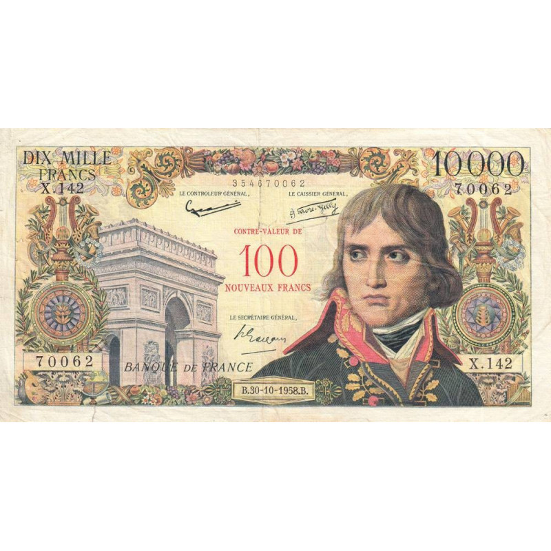 F 55-01 - 30/10/1958 - 100 nouv. francs sur 10000 francs - Bonaparte - Série X.142 - Etat : TB-