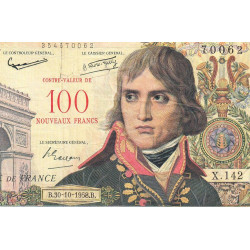 F 55-01 - 30/10/1958 - 100 nouv. francs sur 10000 francs - Bonaparte - Série X.142 - Etat : TB-