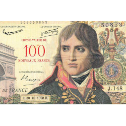 F 55-01 - 30/10/1958 - 100 nouv. francs sur 10000 francs - Bonaparte - Série J.148 - Etat : TTB-