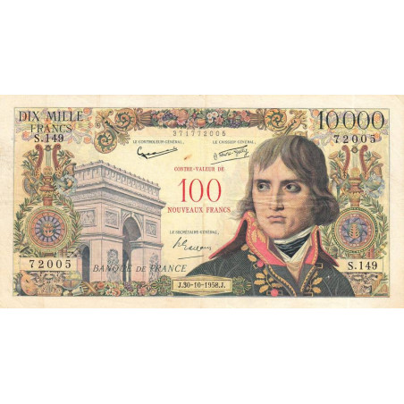 F 55-01 - 30/10/1958 - 100 nouv. francs sur 10000 francs - Bonaparte - Série S.149 - Etat : TB+