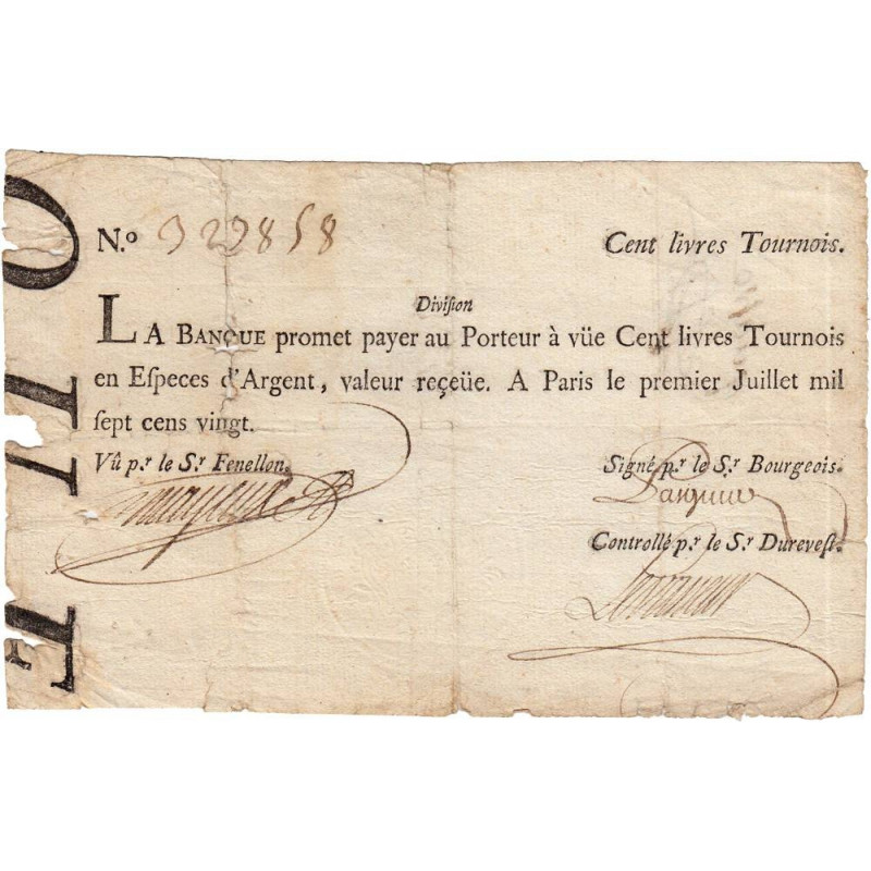 Law-Doreau 27 - 100 livres tournois - 1er janvier 1720 - Etat : TB