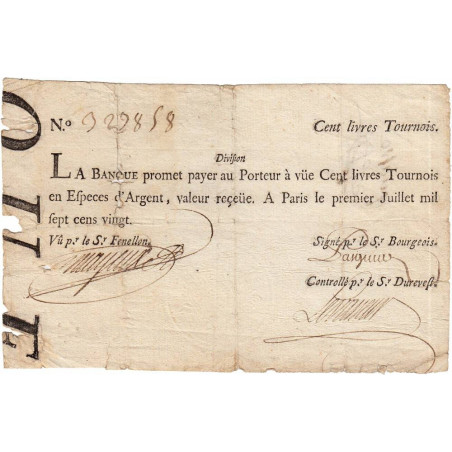 Law-Doreau 27 - 100 livres tournois - 1er janvier 1720 - Etat : TB