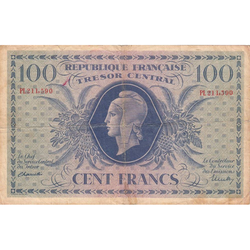 VF 06-01d - 100 francs - Trésor central - 1943 - Série PL - Etat : TB